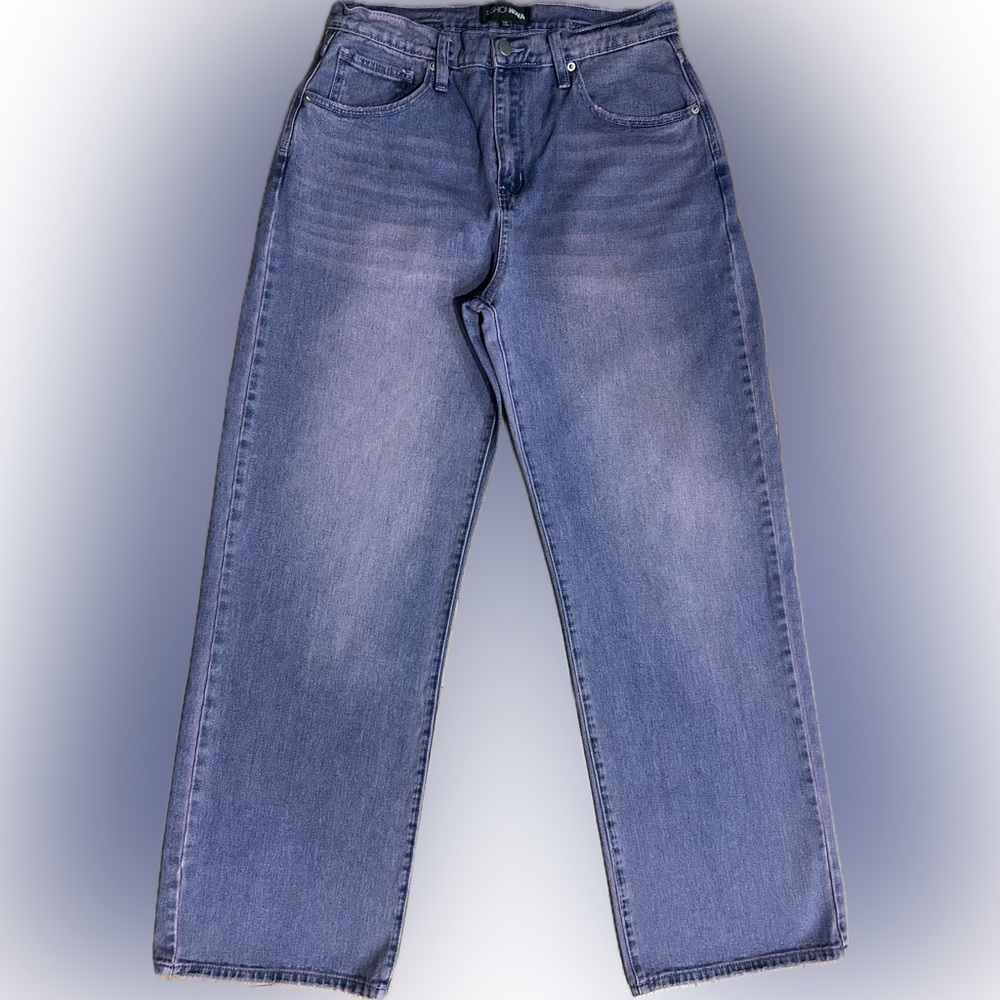 Like new Fashion Nova SZ 11 blue/pink wide leg jean w/belt accent rear/waist 30” - Picture 3 of 6